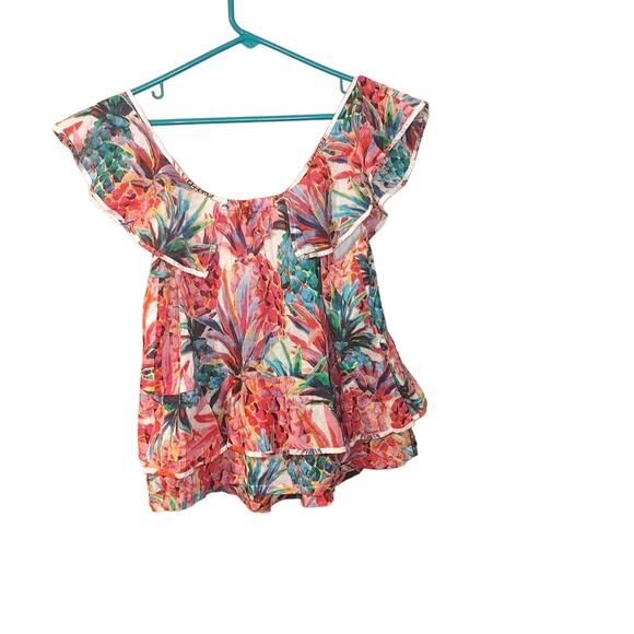 J. Crew Size 2 Floral Frilly Blouse Vibrant Pineapple Floral Pink Green White - Picture 2 of 7